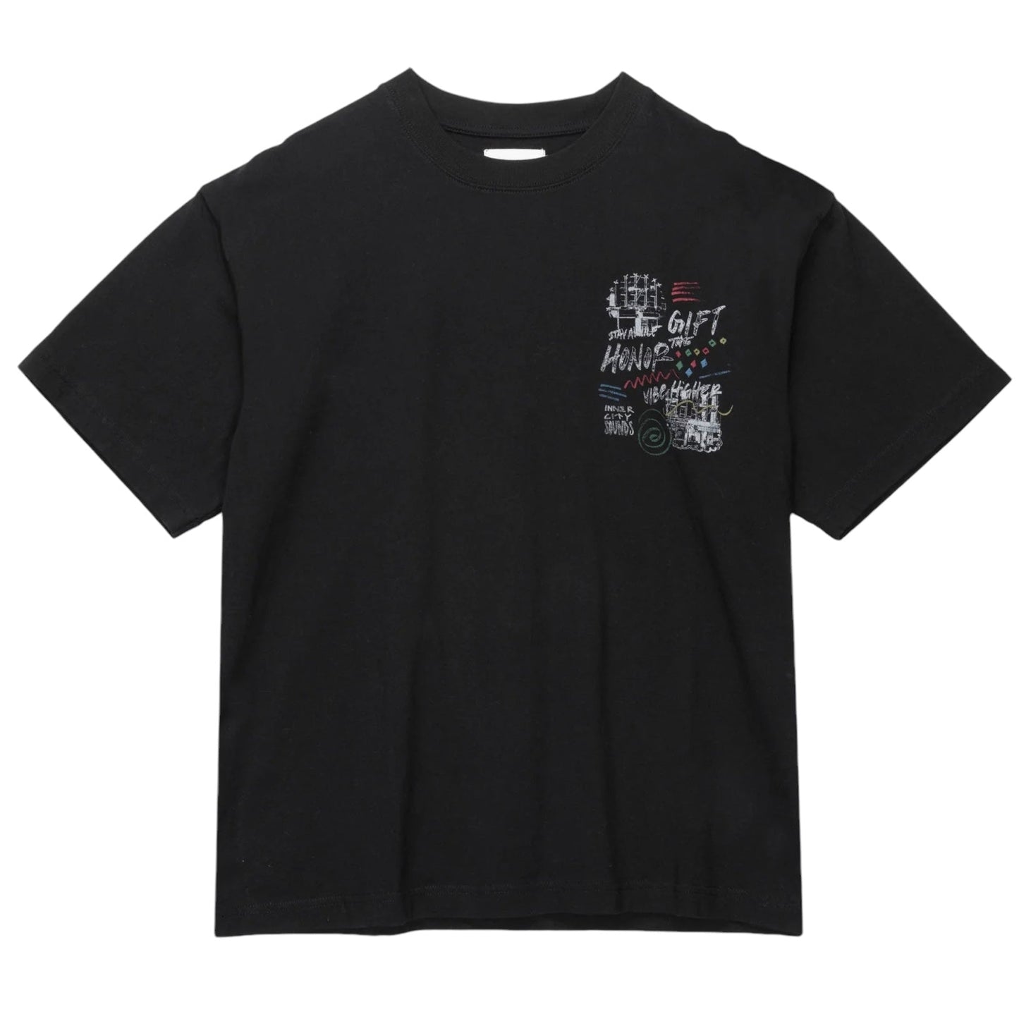 The Honor The Gift A-Spring Panel HTG Vibe Higher SS Tee in black, by HONOR THE GIFT, is a cotton t-shirt featuring a small screen print graphic on the left chest area with the words "Gift House" and abstract designs in white and green.