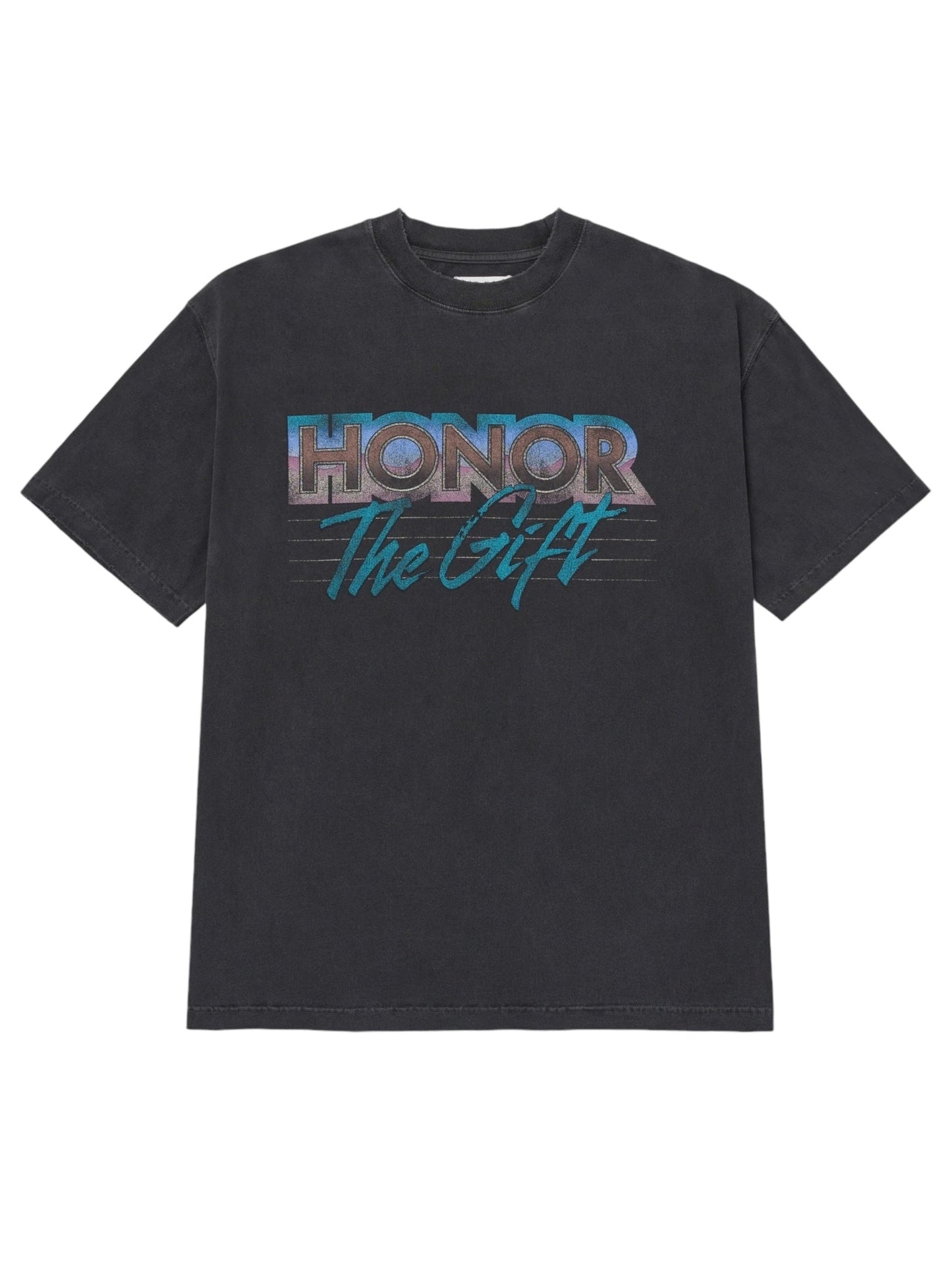 The Honor The Gift After Hours T-shirt in Black features "HONOR The Gift" in multicolored gradient text on lightweight jersey with a pigment washed finish for a vintage look.