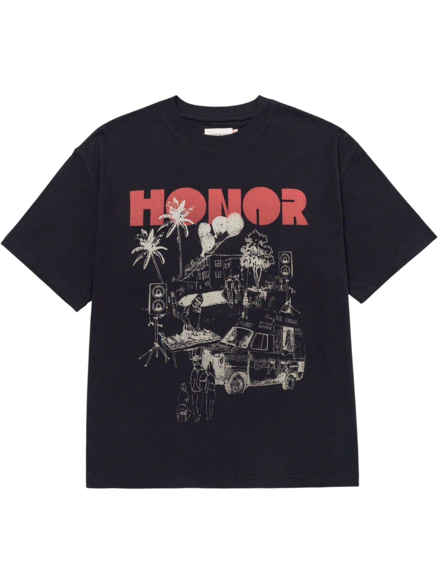 The Honor The Gift Block Party T-shirt Black features "HONOR" in bold red above a block party scene with a house, palm trees, speakers, and van. Made from 100% cotton by HONOR THE GIFT.