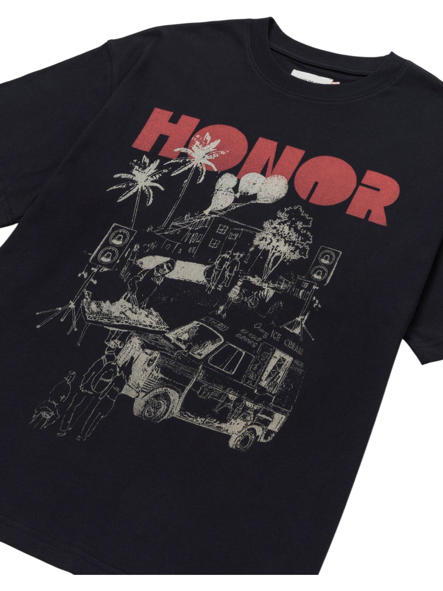 The Honor The Gift Block Party T-shirt in black features bold red "HONOR" text and a lively graphic of palm trees, speakers, a house, and an ice cream truck. Made from 100% cotton for comfort, it captures the block party vibe.