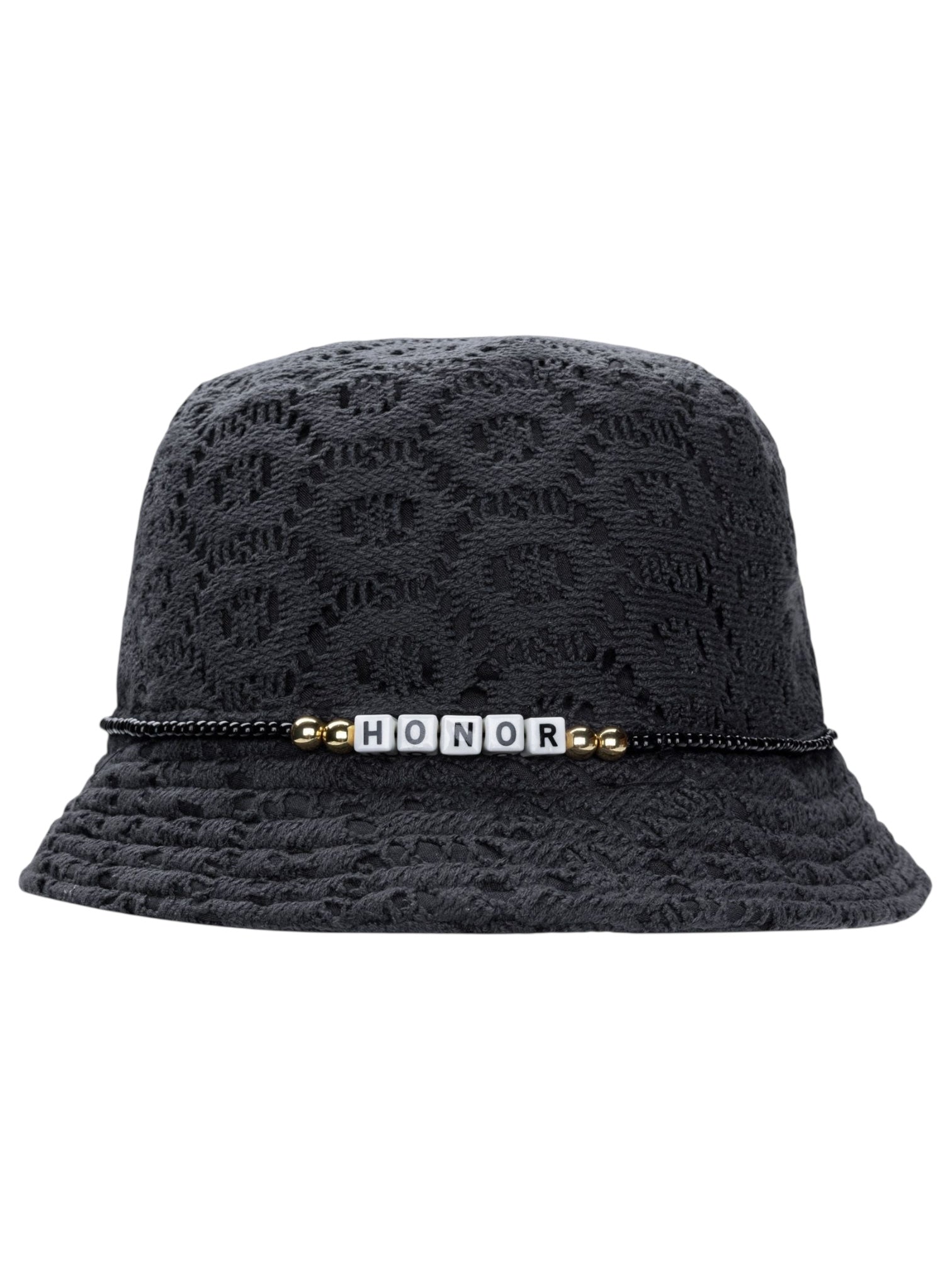 The HONOR THE GIFT Friendship Crochet Bucket Hat Black features a textured cotton design with a beaded band spelling "HONOR"—the perfect accessory for meaningful friendship style.