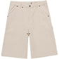 The HONOR THE GIFT Gears Carpenter Short Cream features 100% cotton twill, a 13" inseam, belt loops, side and back pockets, and metal rivet details, shown on a white background.