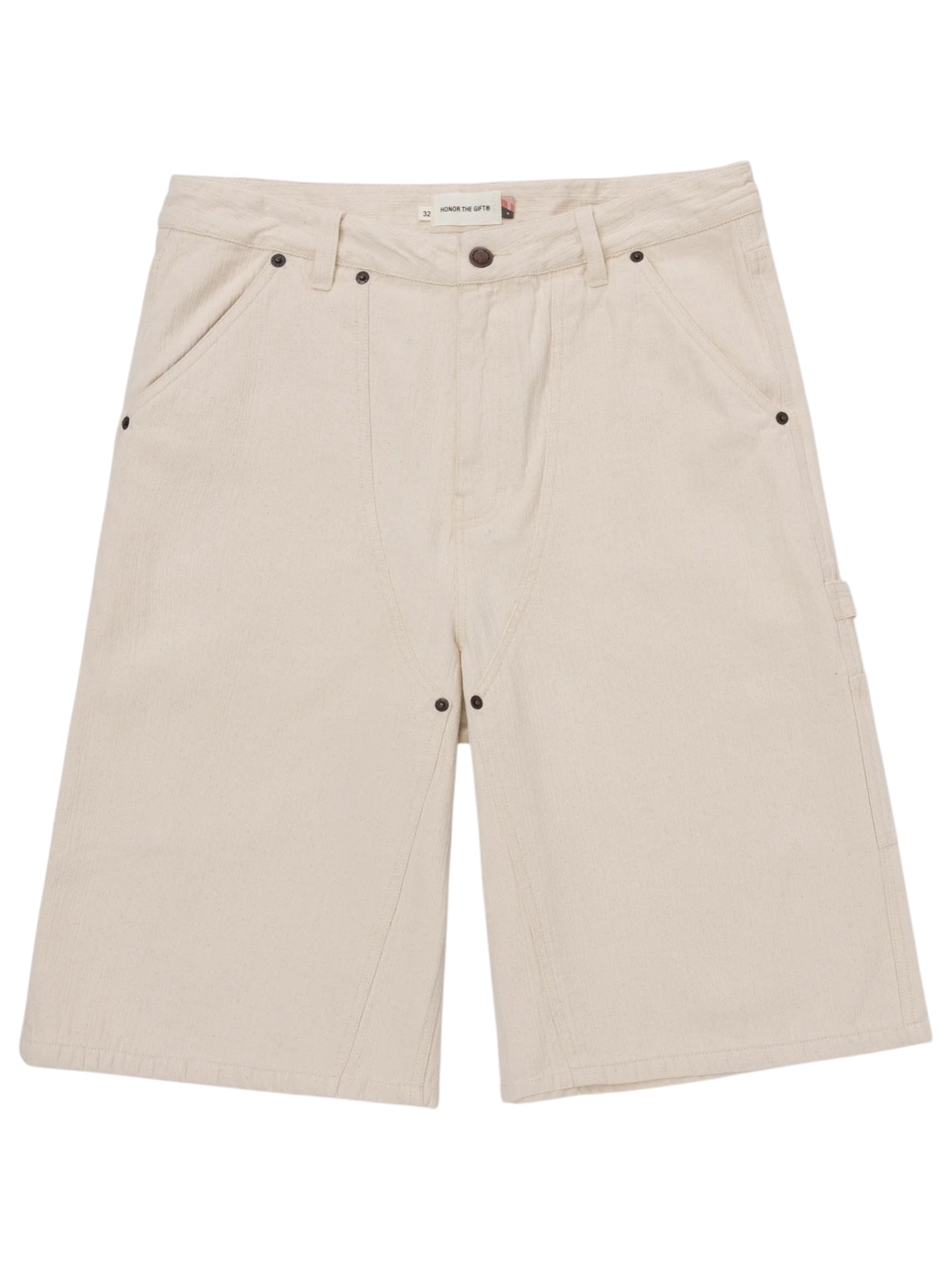 The HONOR THE GIFT Gears Carpenter Short Cream features 100% cotton twill, a 13" inseam, belt loops, side and back pockets, and metal rivet details, shown on a white background.