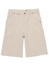 The HONOR THE GIFT Gears Carpenter Short Cream features 100% cotton twill, a 13" inseam, belt loops, side and back pockets, and metal rivet details, shown on a white background.