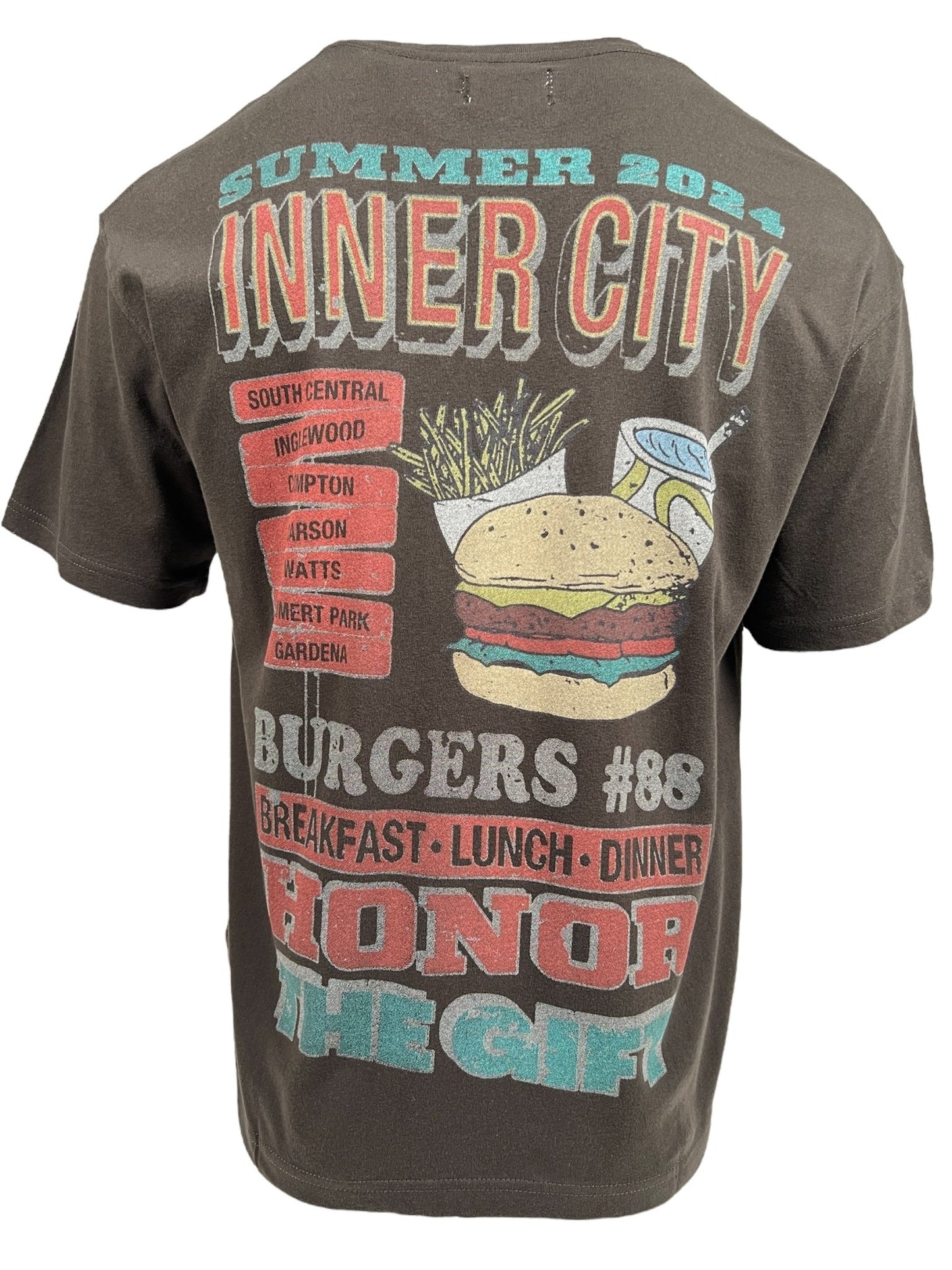 The back of the HONOR THE GIFT HTG BURGERS SS TEE BLACK showcases a vintage-style burger and fries design along with text promoting the "Inner City Summer 2024" event. Highlighting locations, meals, and the phrase “Honor The City,” this 100% cotton tee is perfect for demonstrating your city pride.