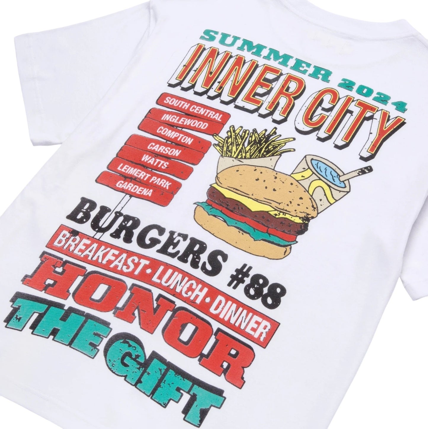 Introducing the Honor The Gift Htg Burgers Ss Tee White by HONOR THE GIFT. This vintage-inspired pocket T-shirt is made from 100% cotton and features a colorful graphic of a burger, fries, and drink. It includes text like "Summer 2024 Inner City," city names, "Burgers #88," and "Honor the Gift," making it ideal for those who value comfort with style.