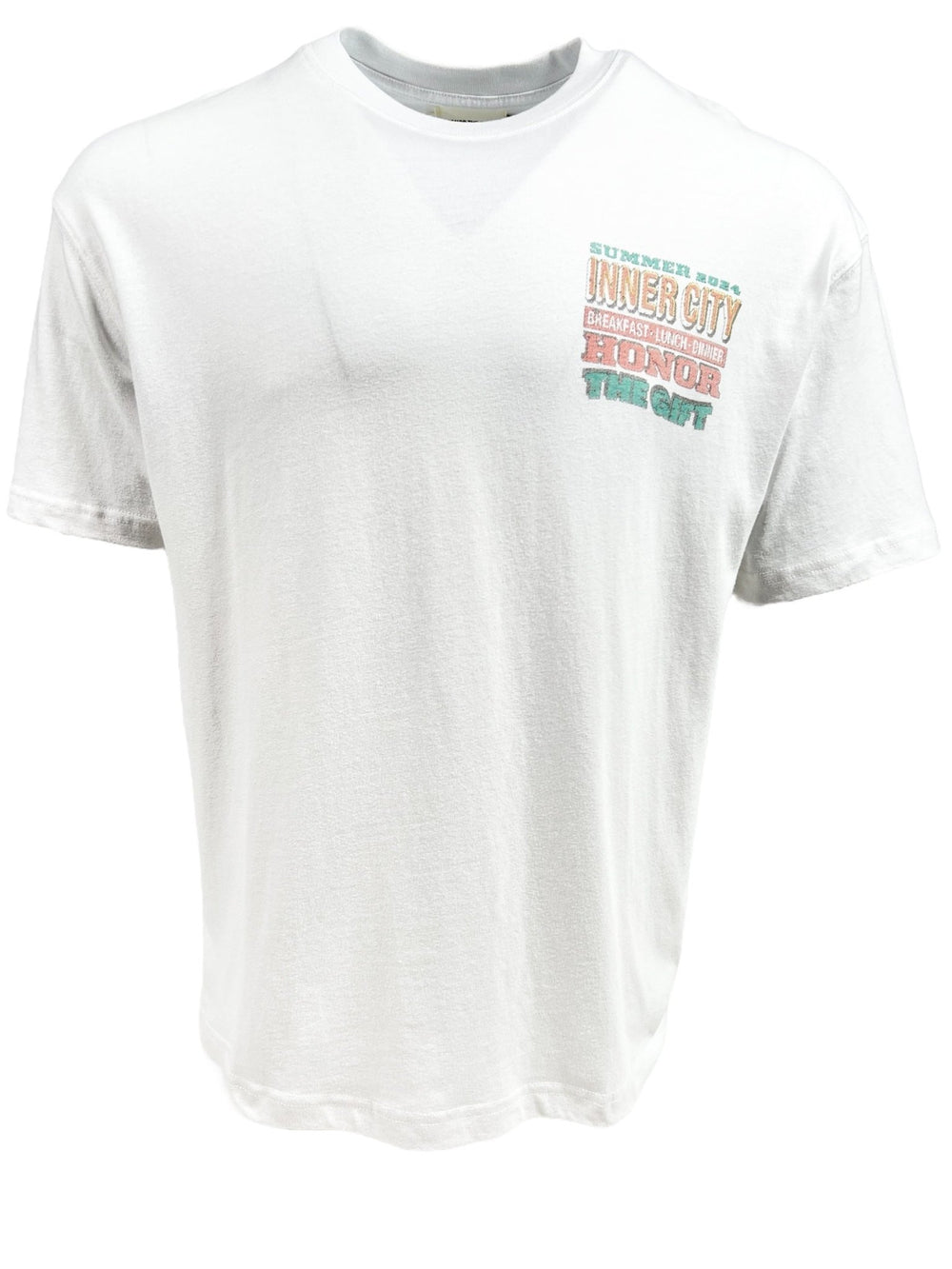 HONOR THE GIFT HTG BURGERS SS TEE WHITE by HONOR THE GIFT featuring multicolored text on the upper left chest that reads "Summer Road Inner City Department Honor The City.