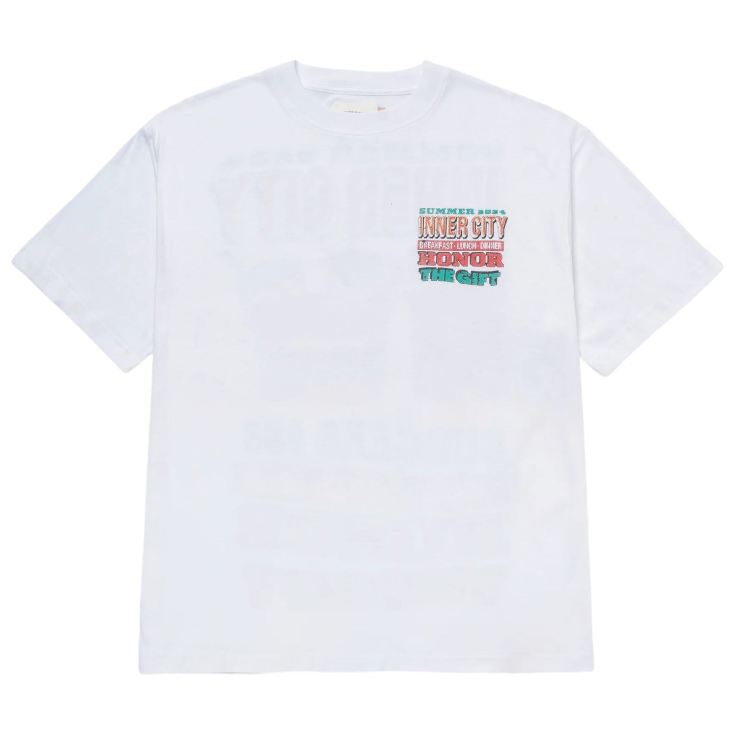 Introducing the Honor The Gift HTG Burgers SS Tee in White by HONOR THE GIFT: This vintage pocket tee is crafted from 100% cotton and garment dyed for a soft, lived-in feel. It features a colorful text design with the words "Summer City," "Honor," and "The Gift" on the front.