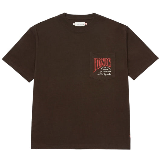 The Honor The Gift HTG Cigar Label SS Tee in black by HONOR THE GIFT is a brown t-shirt made from 100% cotton, featuring a pocket on the left chest. It displays "Honor" in bold red text above the white screen print text "Modern Tradition Los Angeles.