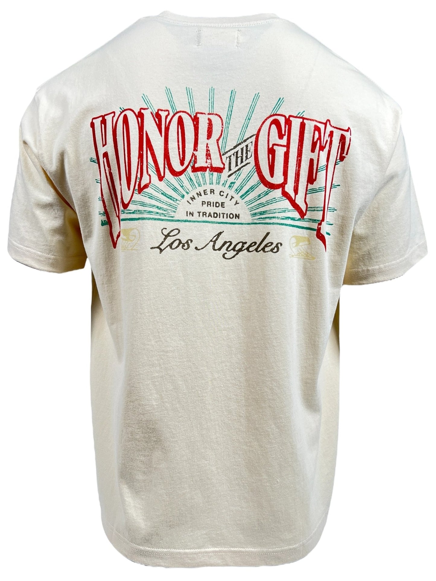 Back view of the HONOR THE GIFT HTG CIGAR LABEL SS TEE BONE, made from 100% cotton in white and featuring "Honor the Gift - Los Angeles" scripted in stylized red, teal, and black text. This lightweight comfort jersey offers a vintage look reminiscent of classic cigar labels.