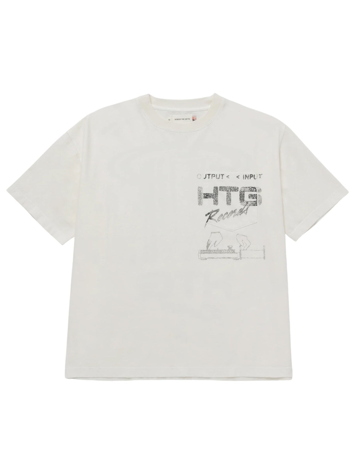 The HONOR THE GIFT HTG RECORDS TEE WHITE, by HONOR THE GIFT, is a plain white t-shirt featuring distressed custom artwork with text and abstract elements on the front, made from 100% cotton.