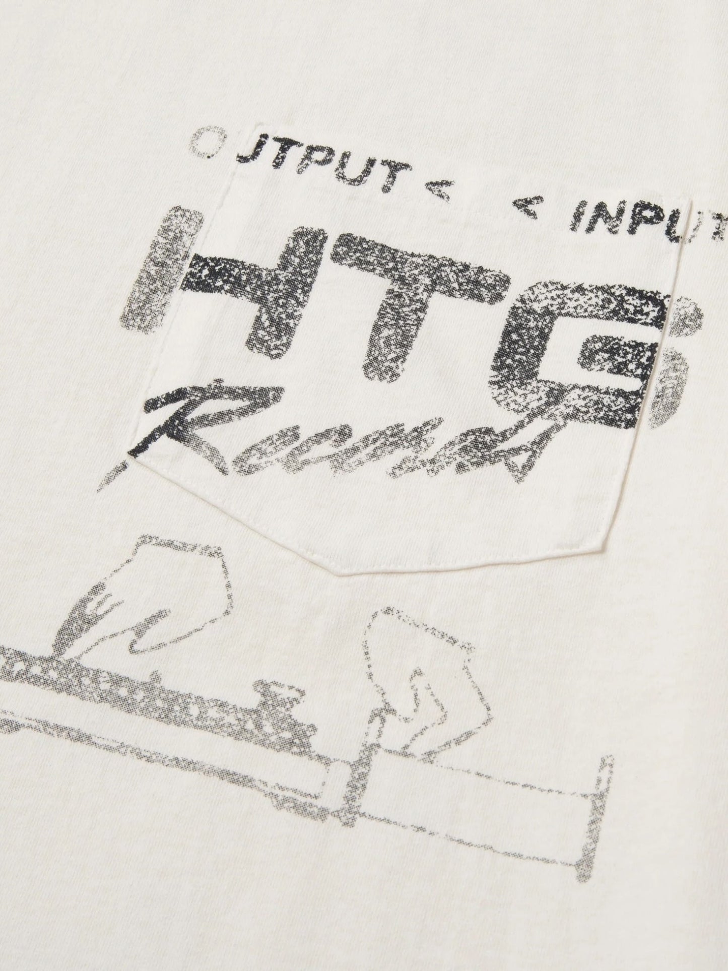 Close-up of the HONOR THE GIFT HTG RECORDS TEE WHITE, made from 100% white cotton and featuring a pocket. The pocket displays faded, partially obscured text and distressed custom artwork of hands interacting with equipment beneath the phrases "OUTPUT < INPUT" and "HTG Record," by Honor The Gift.