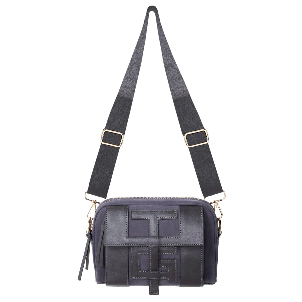 A chic dark grey faux leather crossbody bag from HONOR THE GIFT, featuring an adjustable strap, a bold "T" letter design on the front, and a sleek "H" logo closure for added elegance.