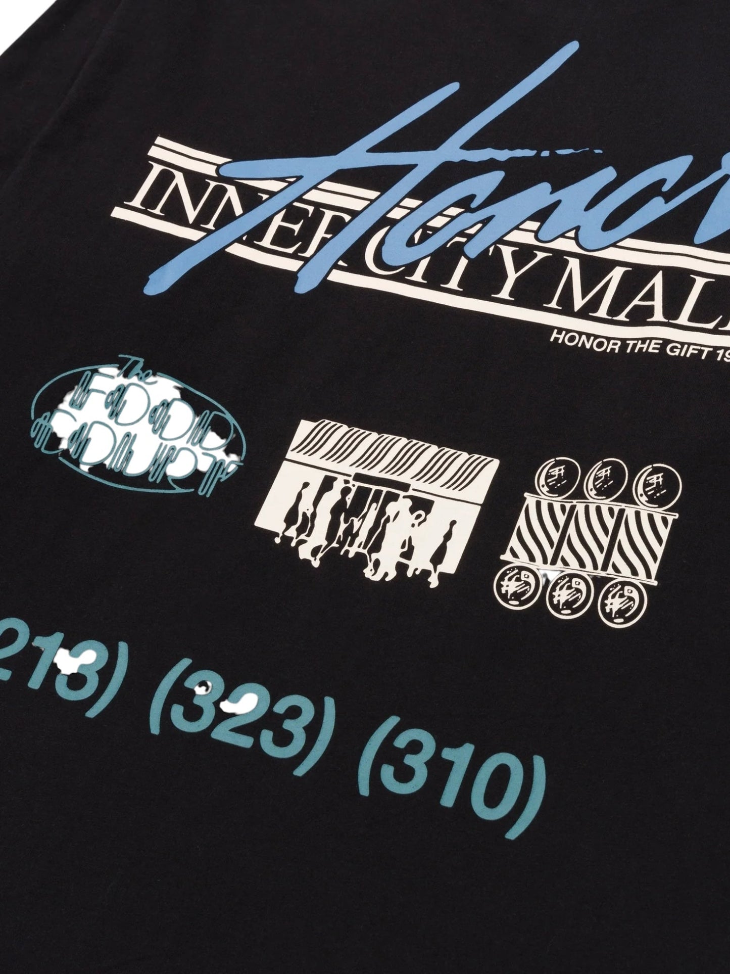 The Honor The Gift Mall LS T-shirt Black by HONOR THE GIFT combines stylized text, abstract images, and area codes in blue and white on a thick 100% cotton jersey. It includes mall logo graphics for a trendy edge.