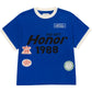 The HONOR THE GIFT Multi Box Tee Blue is a heavyweight cotton short-sleeve t-shirt featuring white trim and graphic text patches, including "THE GIFT Honor 1988," displayed on the front.