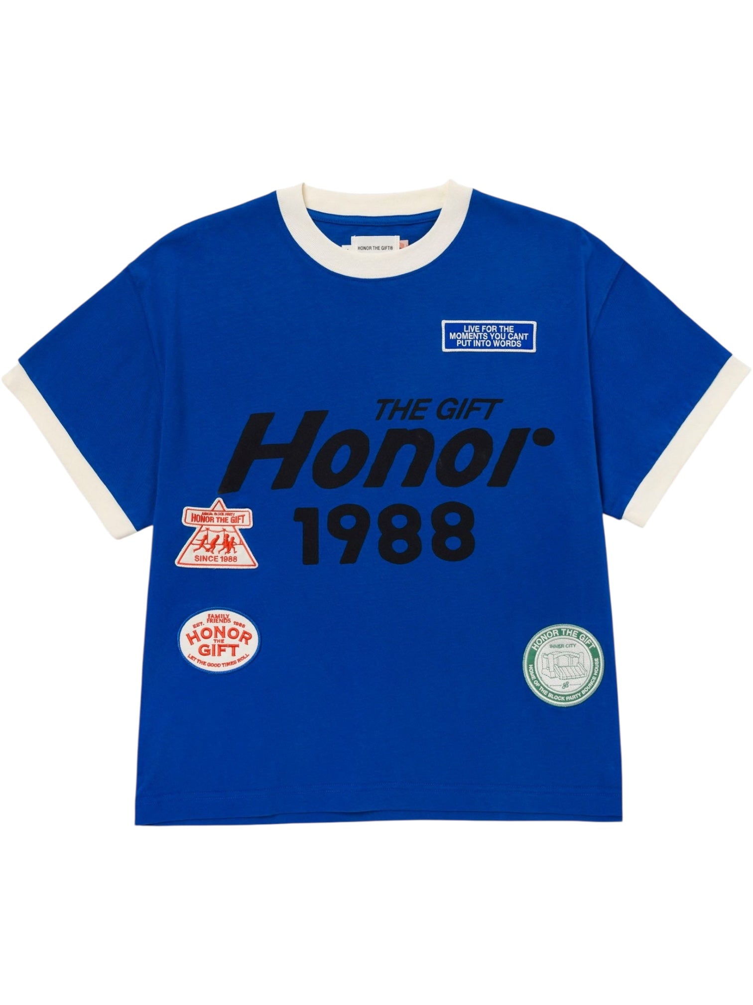 The HONOR THE GIFT Multi Box Tee Blue is a heavyweight cotton short-sleeve t-shirt featuring white trim and graphic text patches, including "THE GIFT Honor 1988," displayed on the front.