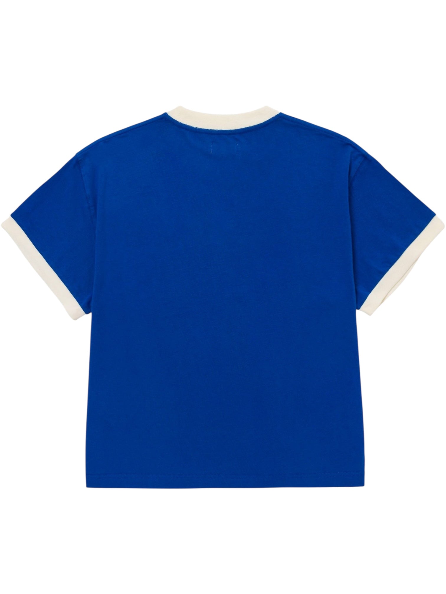 The HONOR THE GIFT Multi Box Tee Blue is a heavyweight cotton t-shirt featuring white trim on the collar and sleeve cuffs, shown from the back.