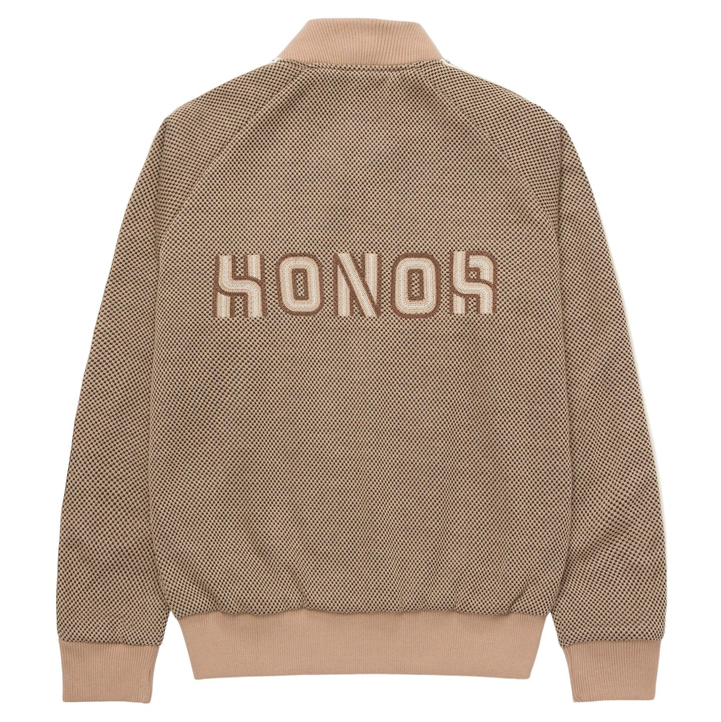 The Honor The Gift Novelty Knit Track Jacket in brown showcases a textured fabric and features "HONOR" prominently on the back, complete with a zip front closure for convenience.