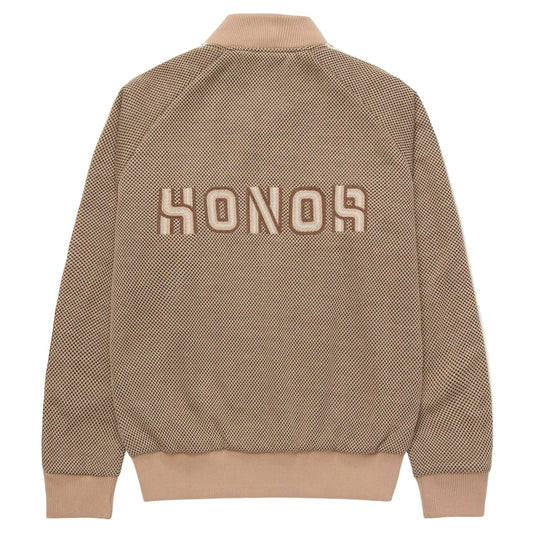 The Honor The Gift Novelty Knit Track Jacket in brown showcases a textured fabric and features "HONOR" prominently on the back, complete with a zip front closure for convenience.