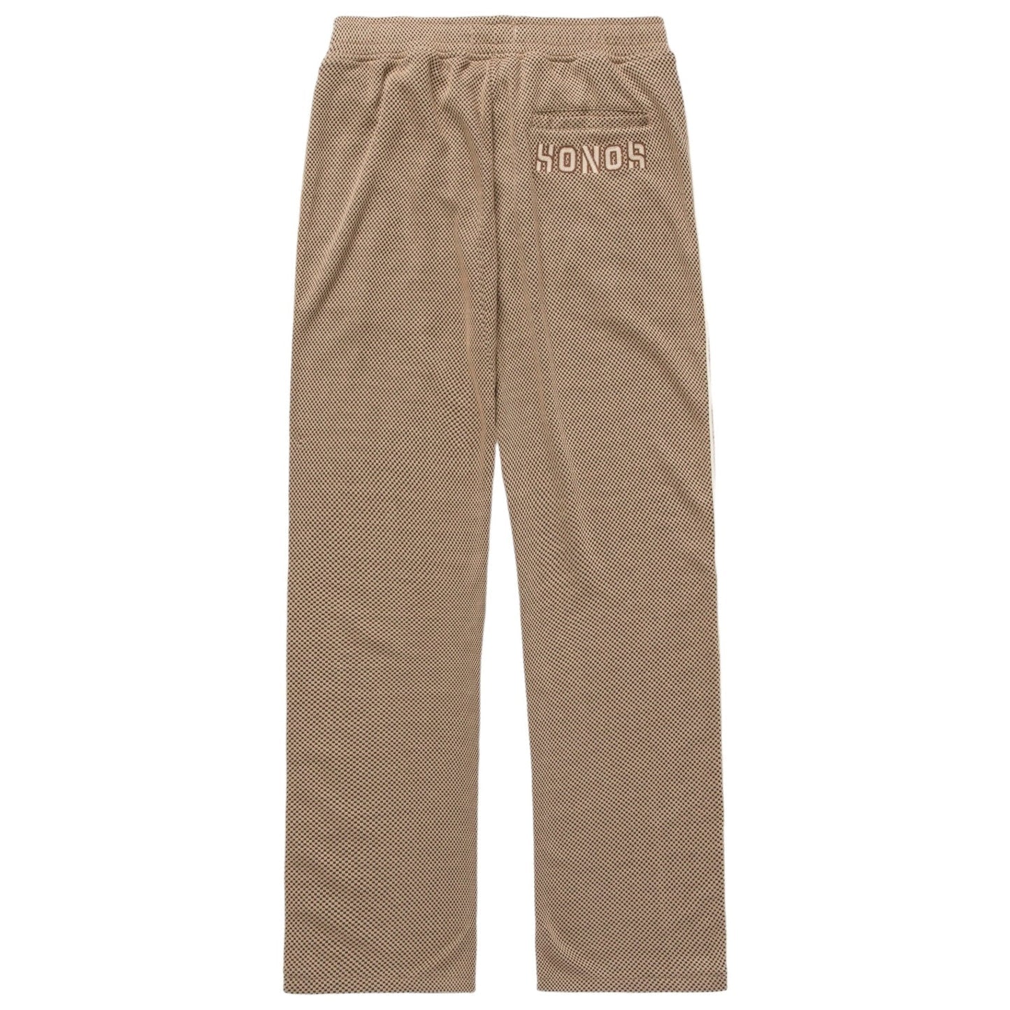 The Honor The Gift Novelty Knit Track Pant in brown features an elastic waistband for comfort and convenience. The white "HONOR" text is embroidered on the top right, complemented by zip closure pockets for added functionality.