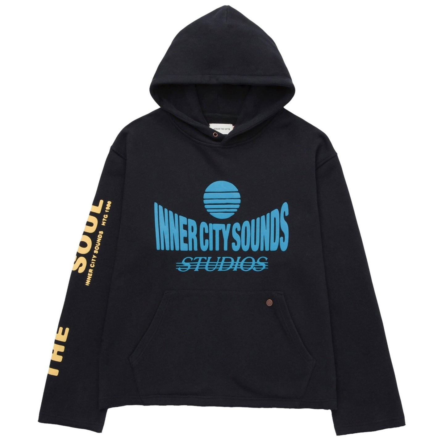 The Honor The Gift Studio Hoodie Black by HONOR THE GIFT features a heavyweight terry design with "INNER CITY SOUNDS STUDIOS" in a blue puff print on the front and "THE SOUL" in yellow on the sleeve.