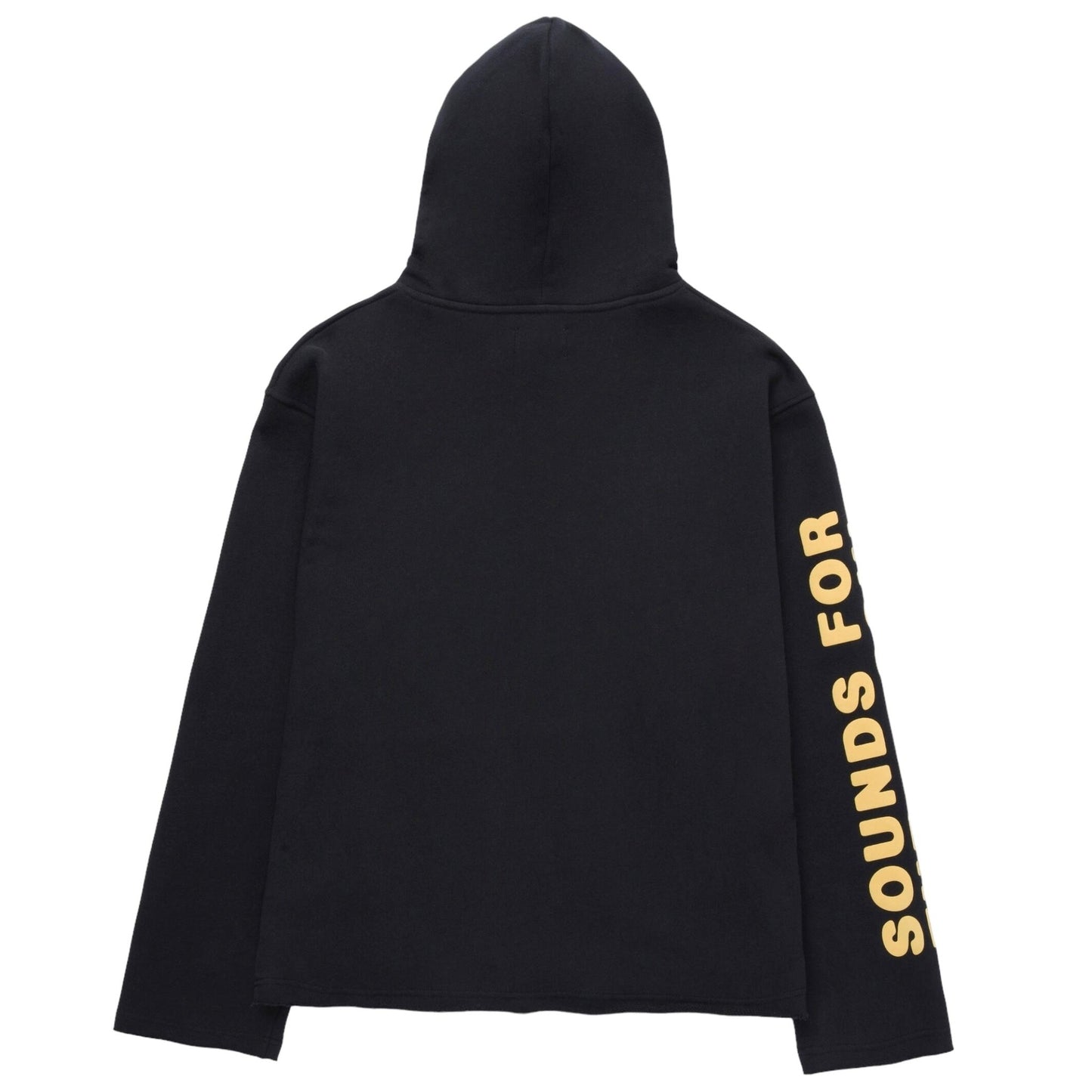 The Honor The Gift Studio Hoodie Black by HONOR THE GIFT is a sleek, minimalist heavyweight terry hoodie with "SOUNDS FOR" boldly printed in yellow puff along the right sleeve. The hood is up with no visible drawstrings, making it perfect for those inspired by Inner City Sounds.