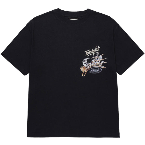 The HONOR THE GIFT TONIGHTS MUSIC TEE in black from HONOR THE GIFT features a digital graphic print on the front, showcasing the word "Tonight" alongside various utensils. Made from 100% cotton, this lightweight jersey boasts a vintage wash that provides a soft, worn-in feel.