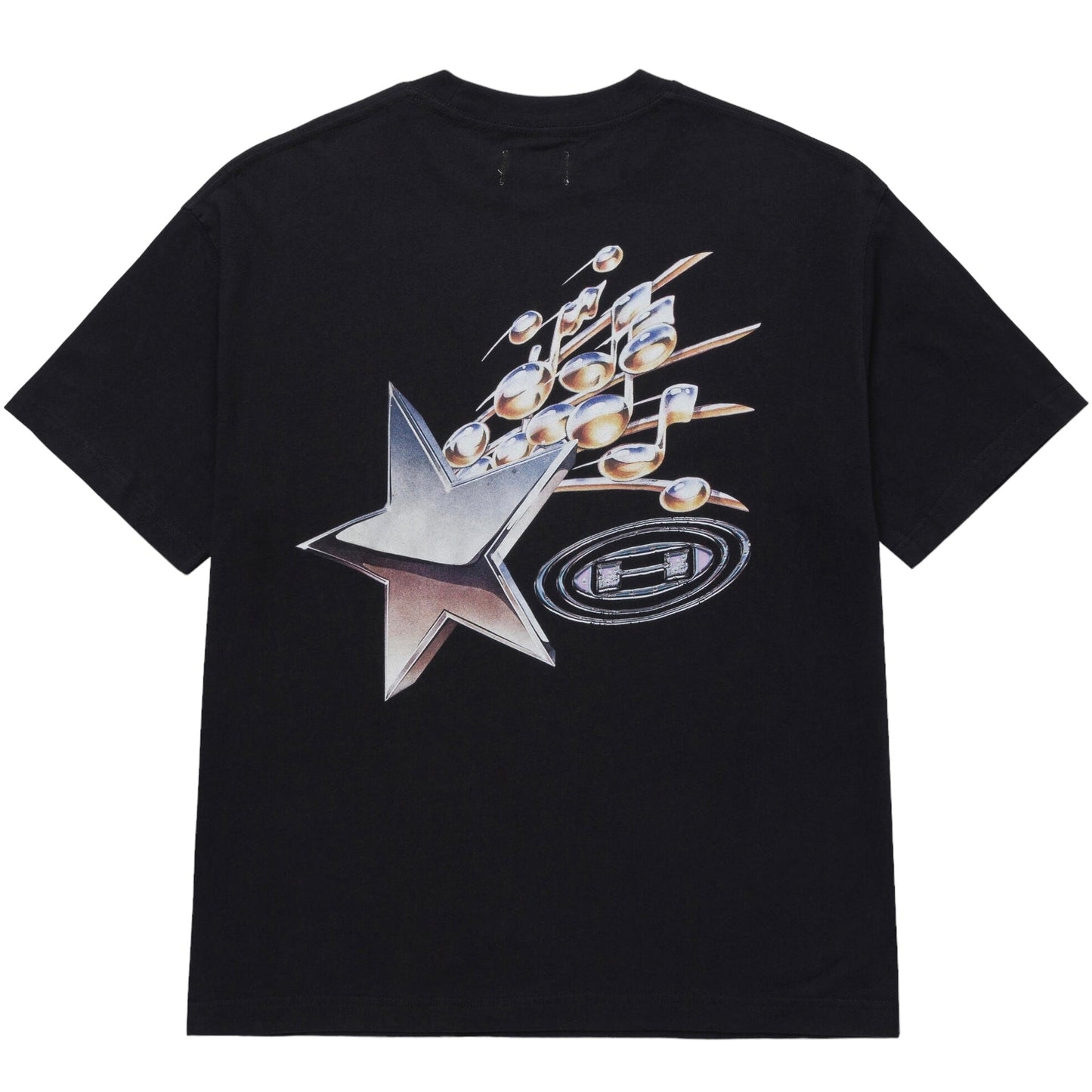 The HONOR THE GIFT TONIGHTS MUSIC TEE BLACK by HONOR THE GIFT is a black t-shirt made from 100% Cotton, featuring a graphic design with a large silver star, musical notes, and a round emblem on the back. The music-themed digital print enhances the vintage wash lightweight jersey with a touch of sophistication.