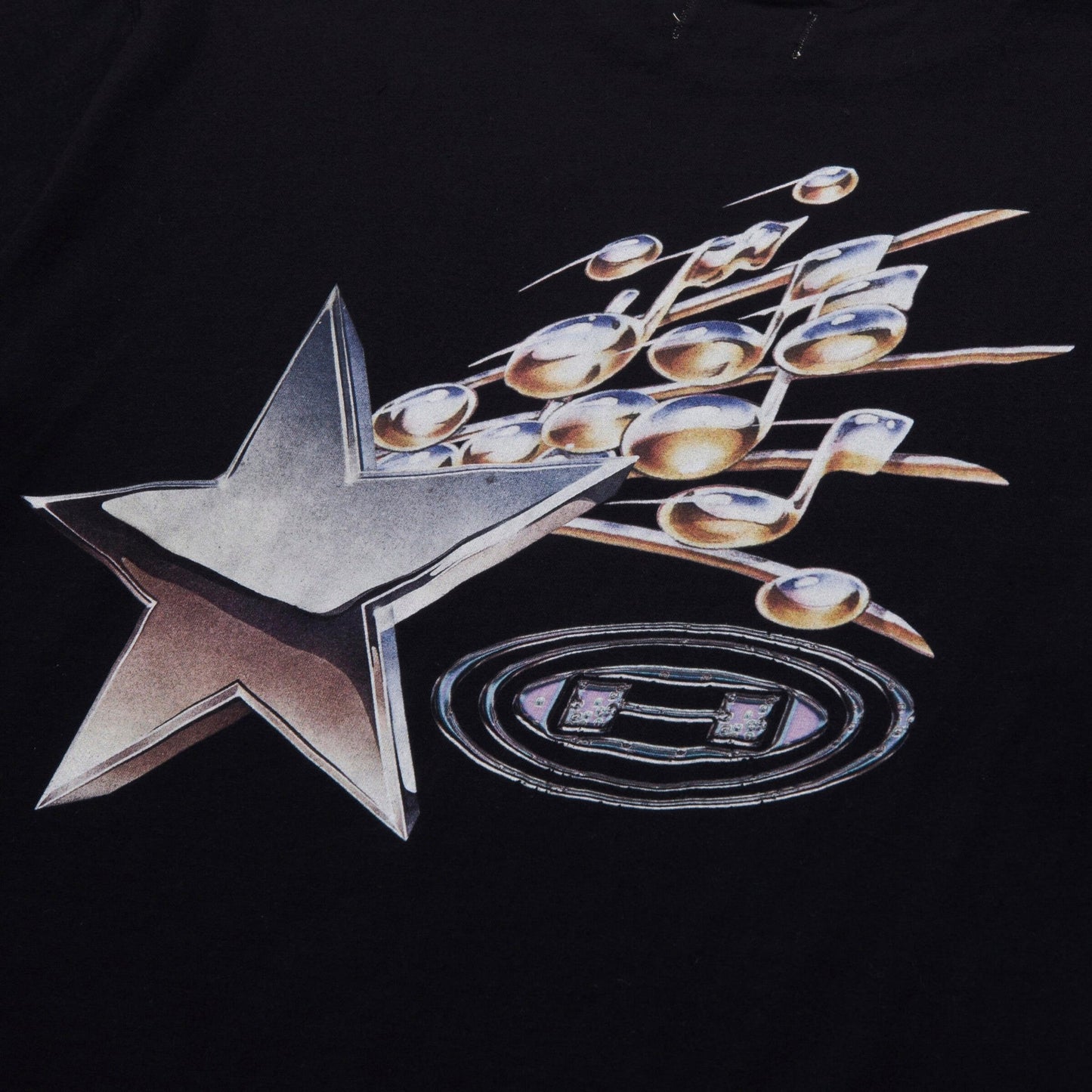 The HONOR THE GIFT TONIGHTS MUSIC TEE BLACK by HONOR THE GIFT is a lightweight, 100% cotton T-shirt that features a dynamic, diagonal layout with a large metallic star, silver musical notes, and an "H" emblem. The music-inspired digital print adds flair to this black jersey.