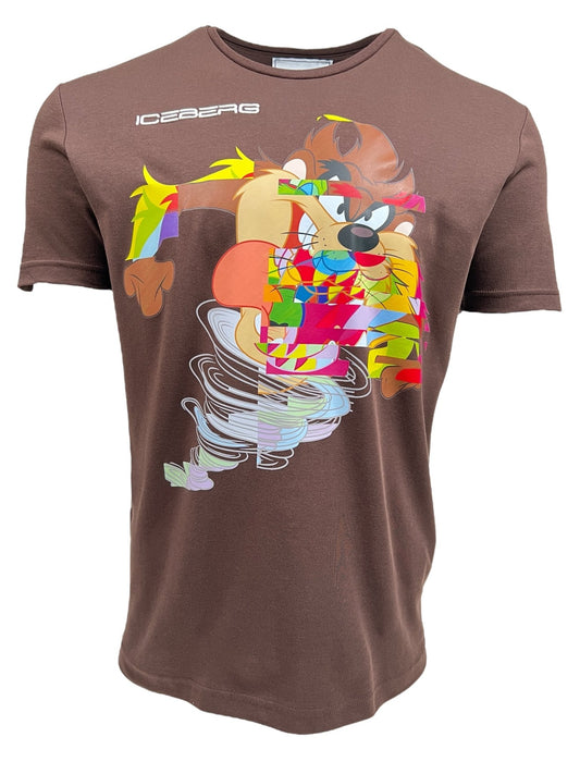 A brown, 100% cotton ICEBERG F01A-6307-2160 T-SHIRT BROWN featuring a colorful and abstract graphic of a cartoon character in motion, with the brand name "ICEBERG" printed at the top left.