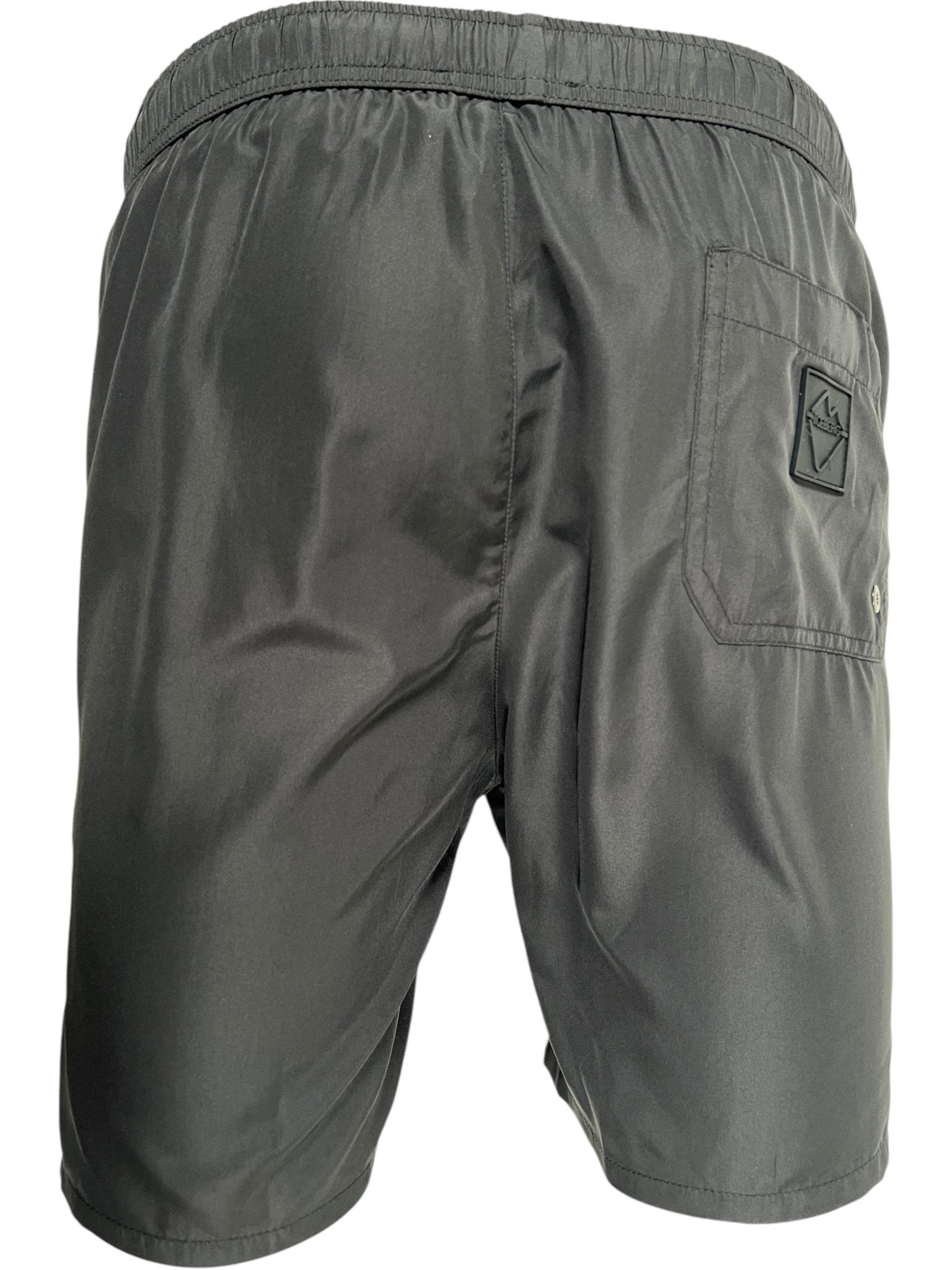 The ICEBERG Iceberg ICE25MBM01 Medium Boardshort Black features an elastic waistband, a single back pocket with patch logo, and a classic swimming trunk-inspired design—shown here in black polyester from the back.