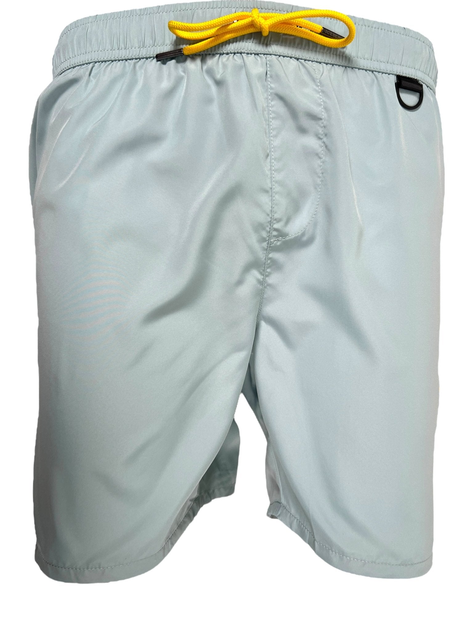 Mint green ICEBERG ICE25MBM01 medium boardshorts featuring a yellow drawstring and black loop detail on the right side, made from 100% polyester. Imported.