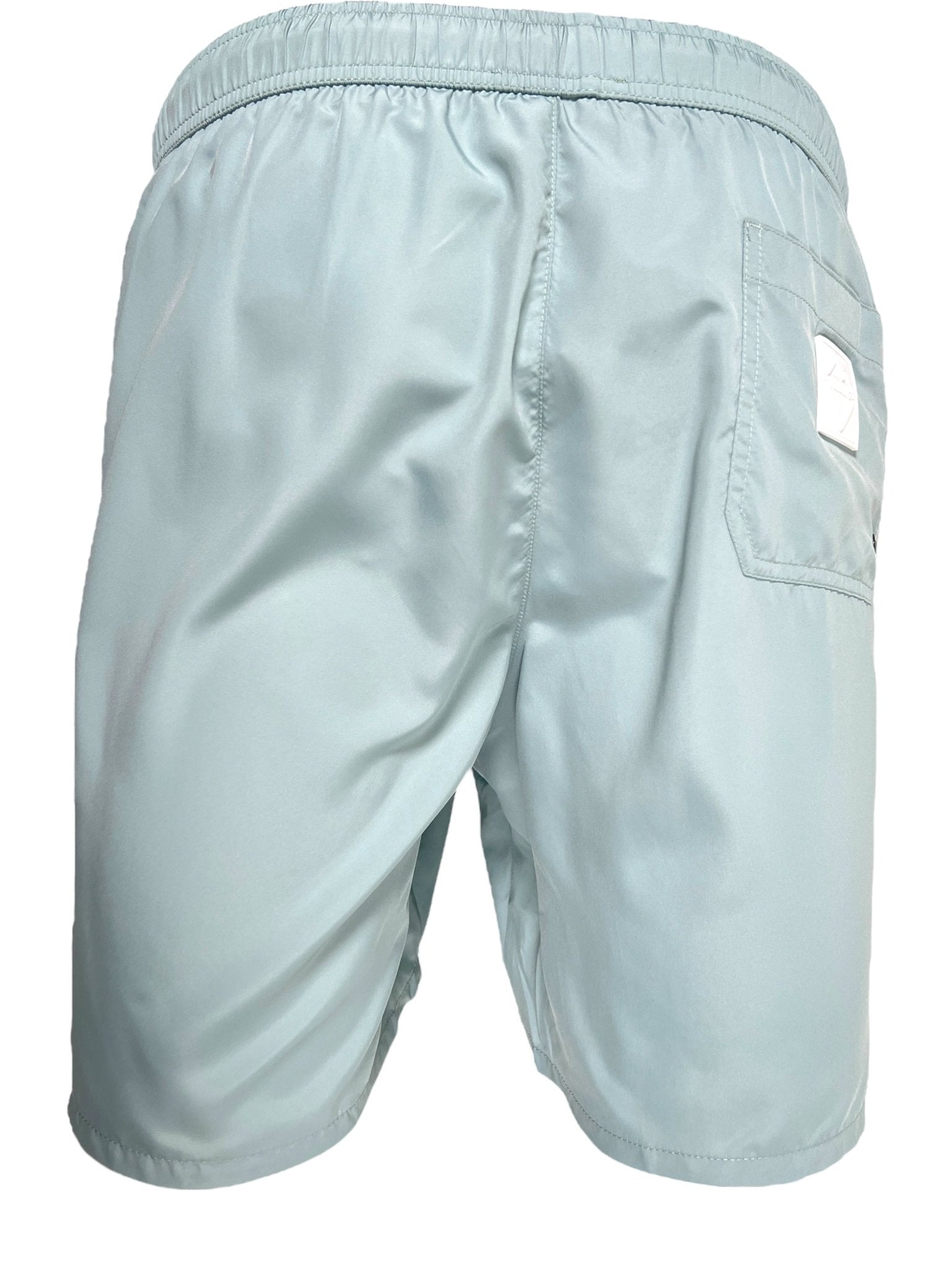 The ICEBERG ICE25MBM01 Medium Boardshort Mint for men features a light blue color, elastic waistband, single back pocket with white label, and is made from 100% polyester. Shown from the back. Imported.