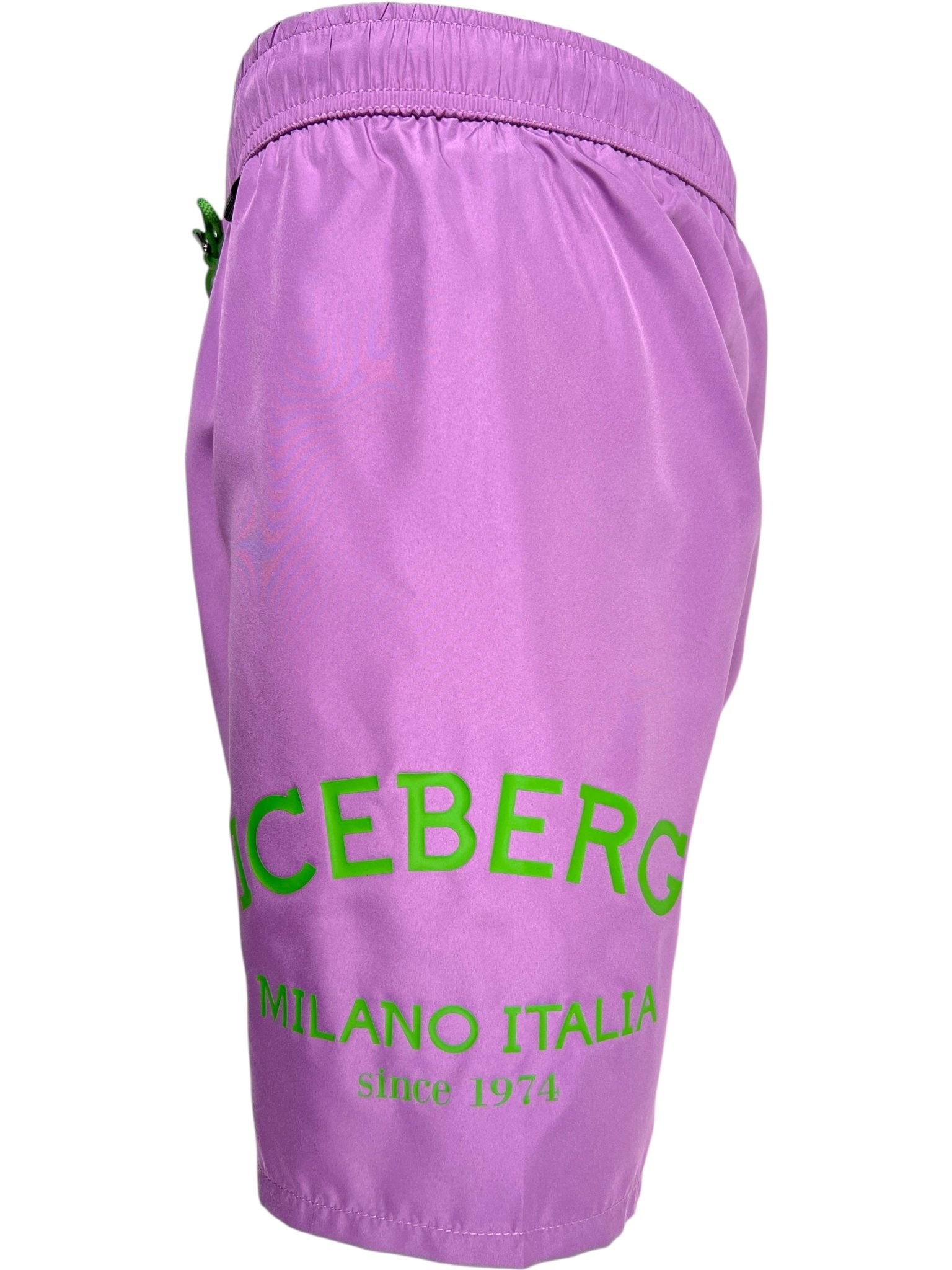 The ICEBERG ICE25MBM01 medium boardshort in raspberry features polyester fabric and "ICEBERG MILANO ITALIA since 1974" printed in green on the left leg.