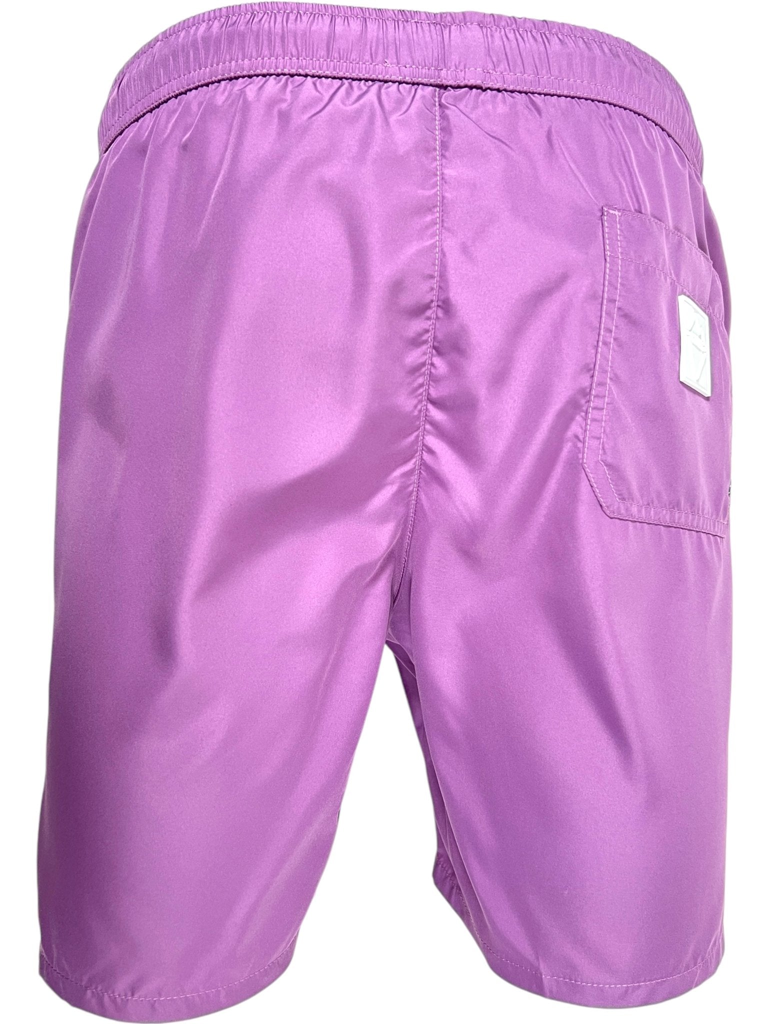 The ICEBERG ICE25MBM01 Medium Boardshort in Raspberry features an elastic waistband, visible stitching, a single back pocket with a white logo tag, and is inspired by the iconic Iceberg swimming trunk style. Imported and designed for comfort.