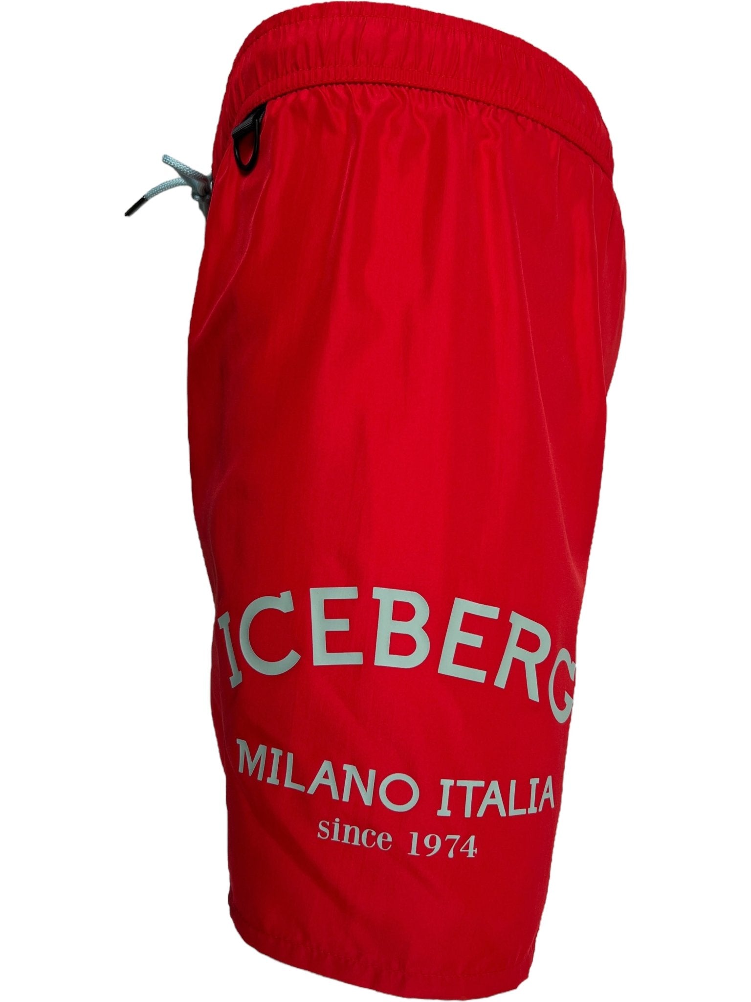 The ICEBERG ICE25MBM01 Medium Boardshort in red features "ICEBERG MILANO ITALIA since 1974" printed in white on the left leg. Made from 100% polyester for comfort and durability.