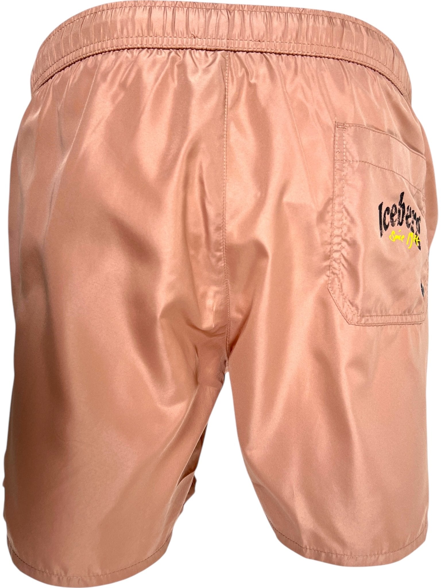 The ICEBERG ICE25MBS03 Short Boardshort Blush features a peach hue, 100% polyester satin fabric, an elastic waistband, right back pocket, and "Iceberg" embroidery above the pocket.