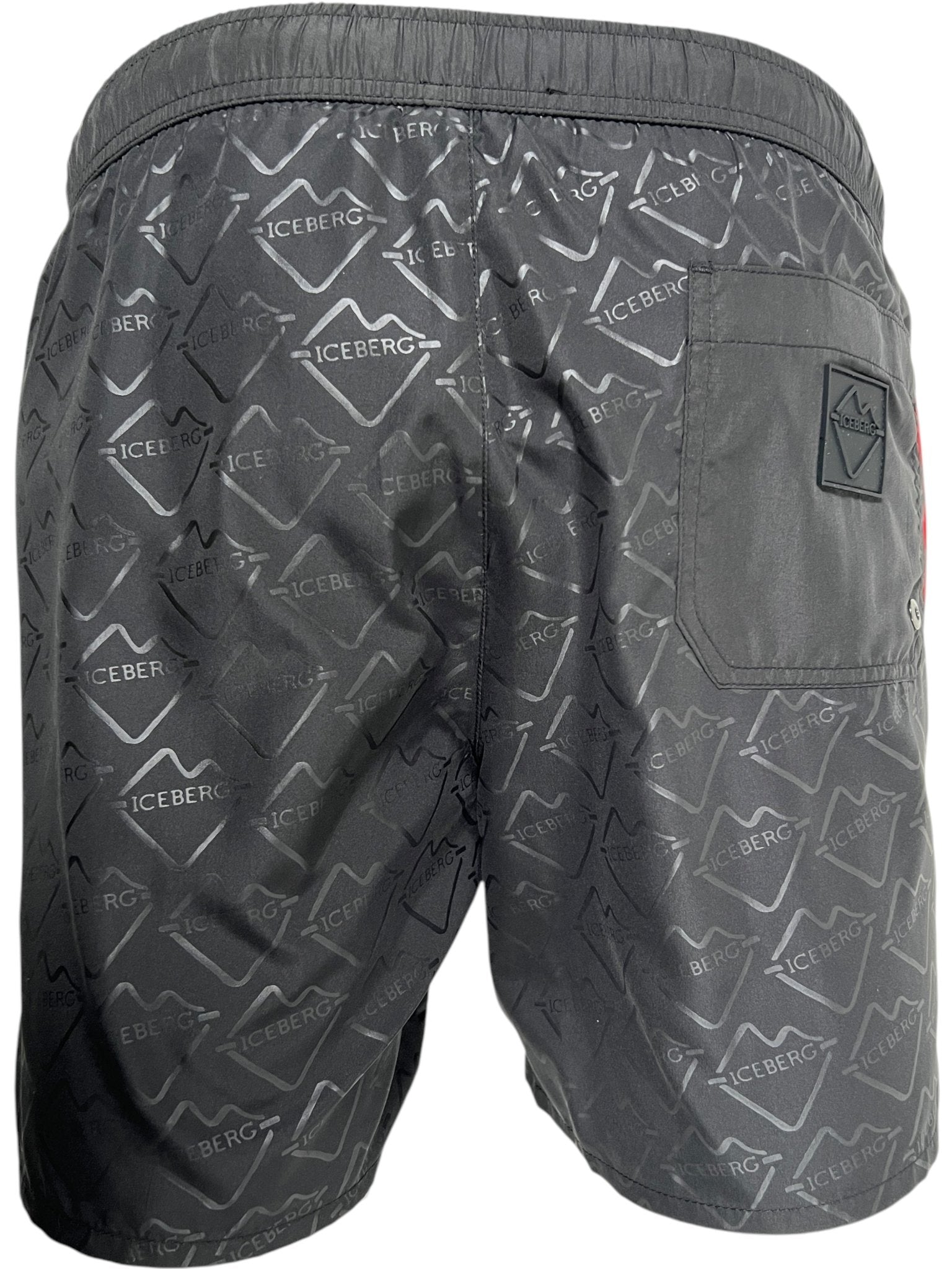Back view of ICEBERG ICE25MBS05 Short Boardshort Black featuring a repeating "ICEBERG" logo, made from polyester with a single right back pocket.