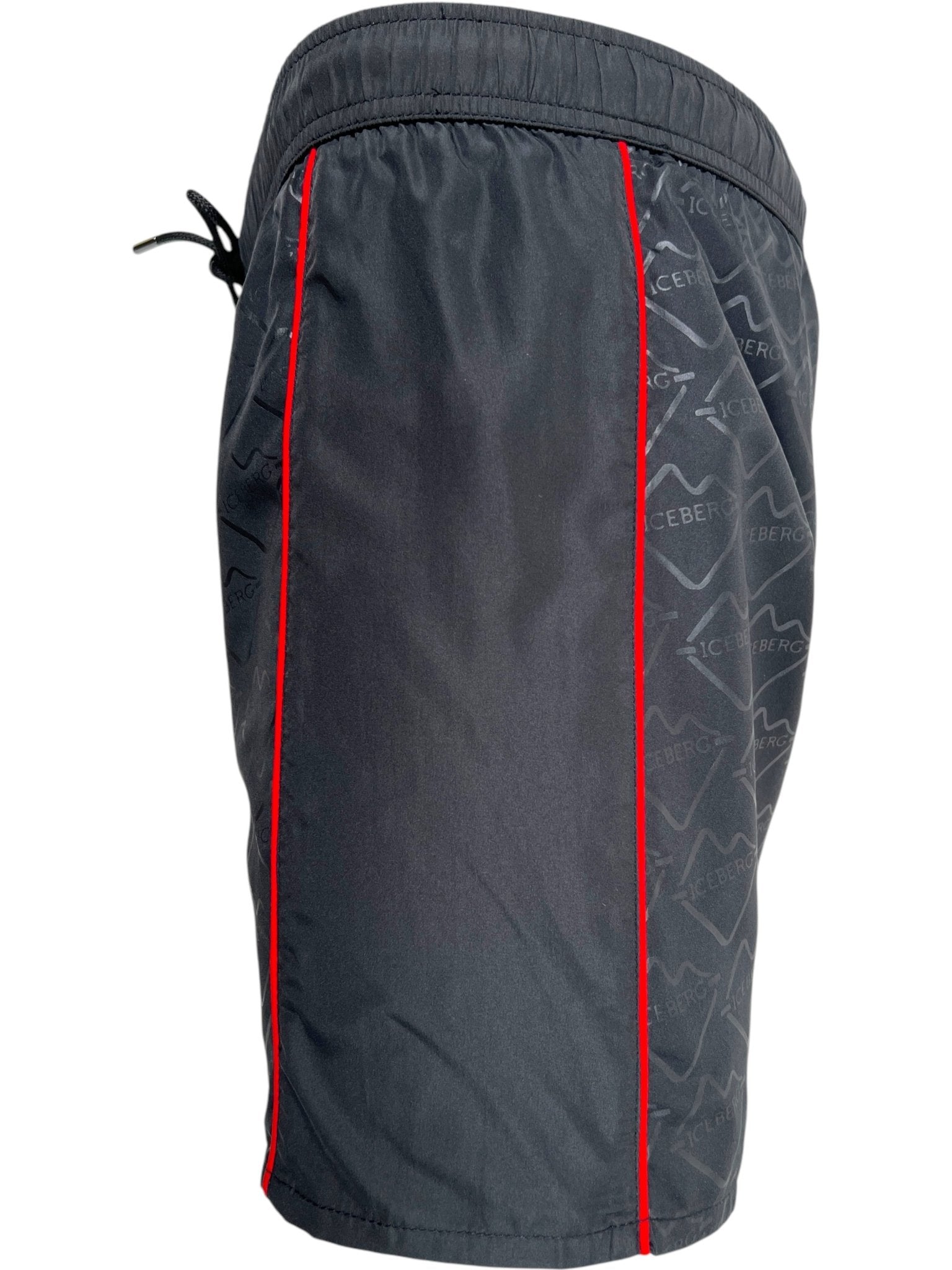 The ICEBERG ICE25MBS05 Short Boardshort in black features subtle patterned text, thin vertical red side stripes, and an adjustable drawstring waist. Made from imported polyester, it’s both a comfortable short and a stylish Iceberg swim trunk.