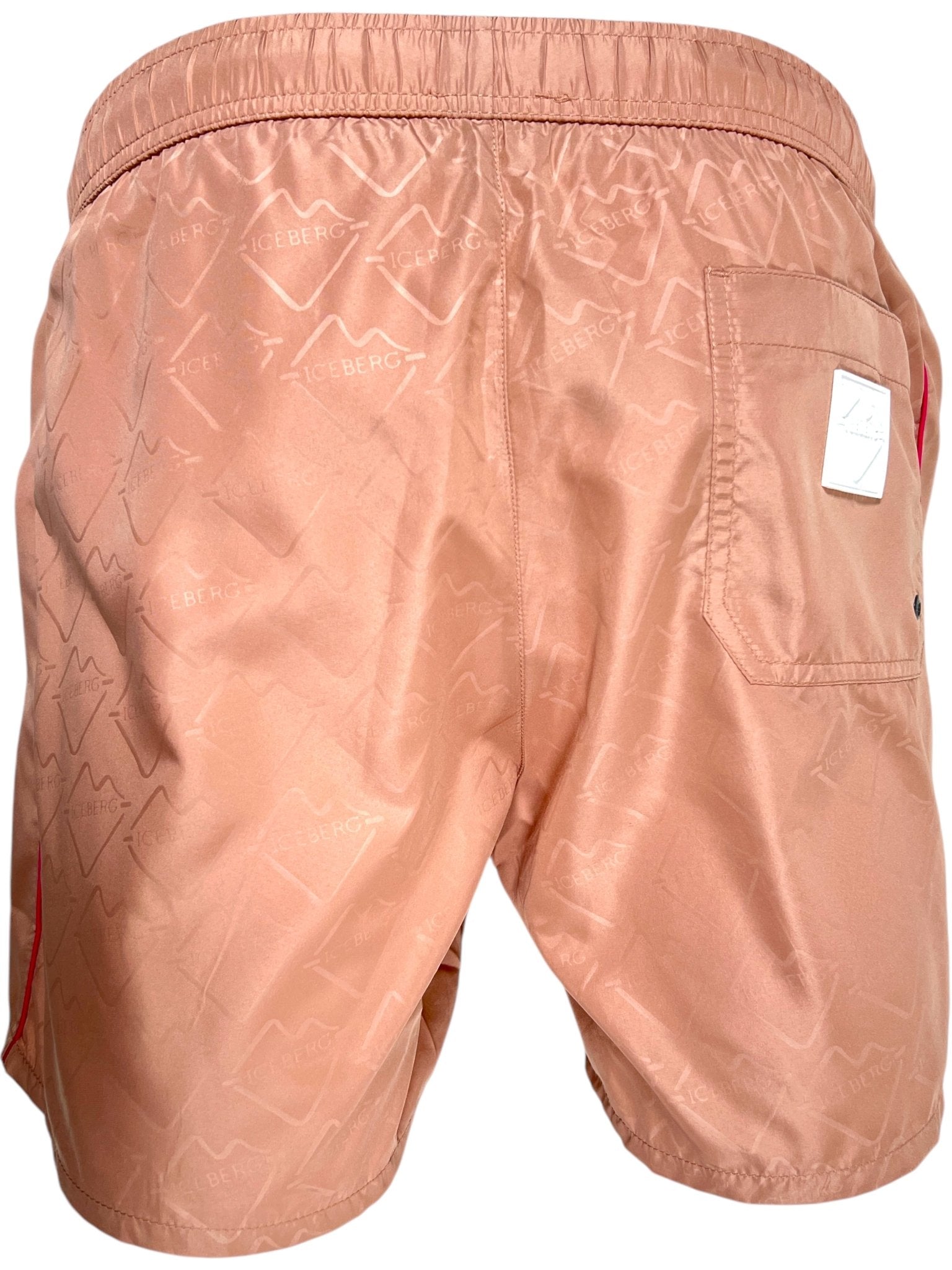 The ICEBERG ICE25MBS05 Short Boardshort in blush features light brown polyester, a subtle repeating pattern, elastic waistband, and a back pocket with a white ICEBERG label.