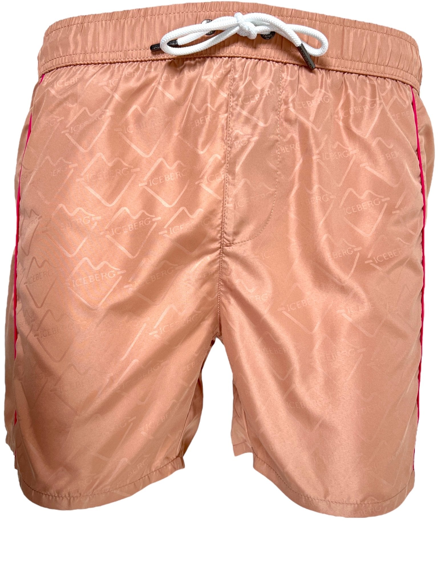 The ICEBERG Iceberg ICE25MBS05 Short Boardshort Blush is a light brown polyester swim trunk with pink side stripes, a subtle geometric pattern, and a white drawstring, shown against a white background.