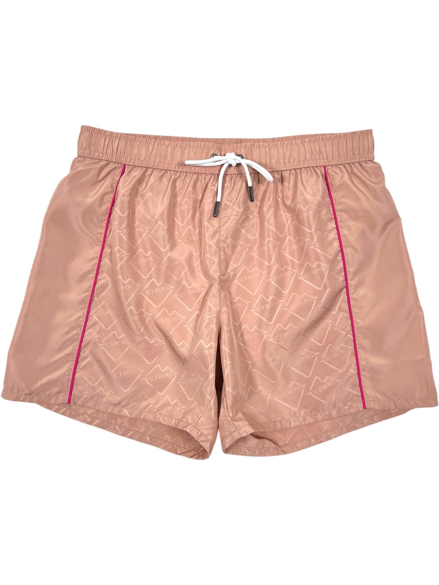 The ICEBERG ICE25MBS05 Short Boardshort Blush features light brown polyester with a subtle pattern, pink side piping, elastic waistband, and white drawstring—ideal for poolside lounging or making a splash in style.