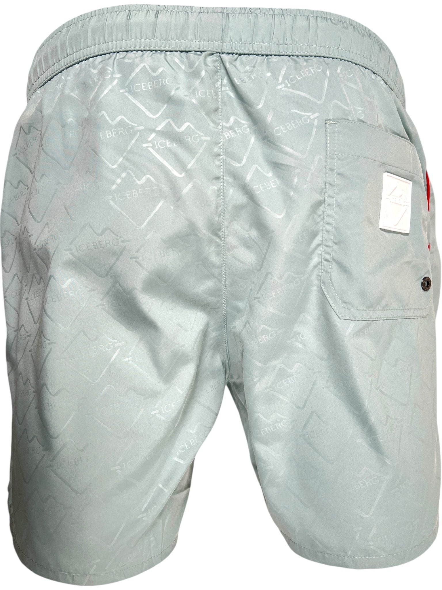 The Iceberg ICE25MBS05 Short Boardshort Mint by ICEBERG is made from 100% polyester, featuring an elastic waistband, back pocket with white label, and subtle logo patterns throughout. Imported for quality and style.