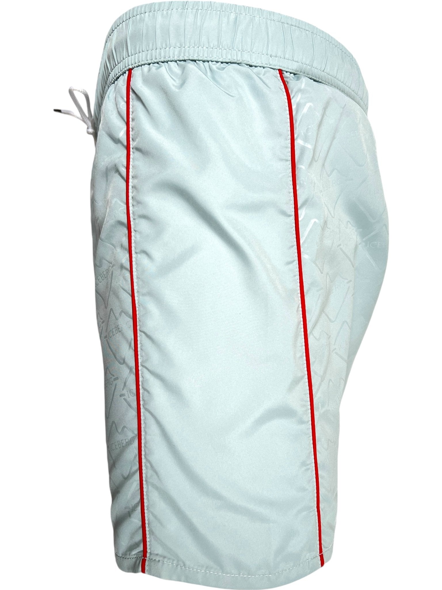 The ICEBERG ICE25MBS05 Short Boardshort Mint features a light blue design inspired by classic Iceberg swim trunks, with a red side stripe, elastic waistband, visible drawstring, and 100% polyester material for quality and comfort. Imported.