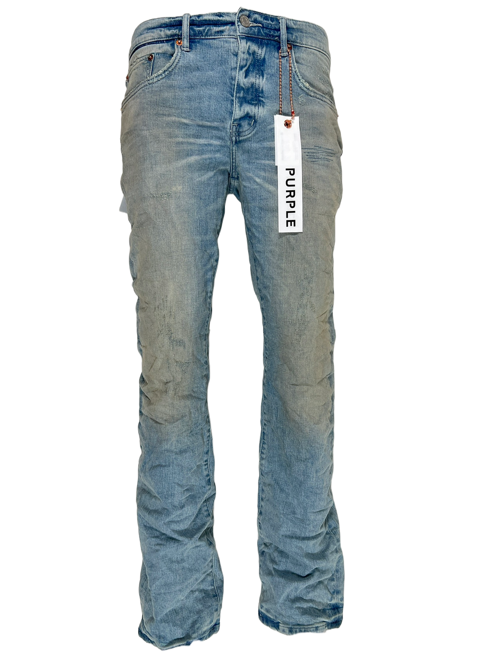 A pair of PURPLE BRAND jeans with a cotton tag on them.