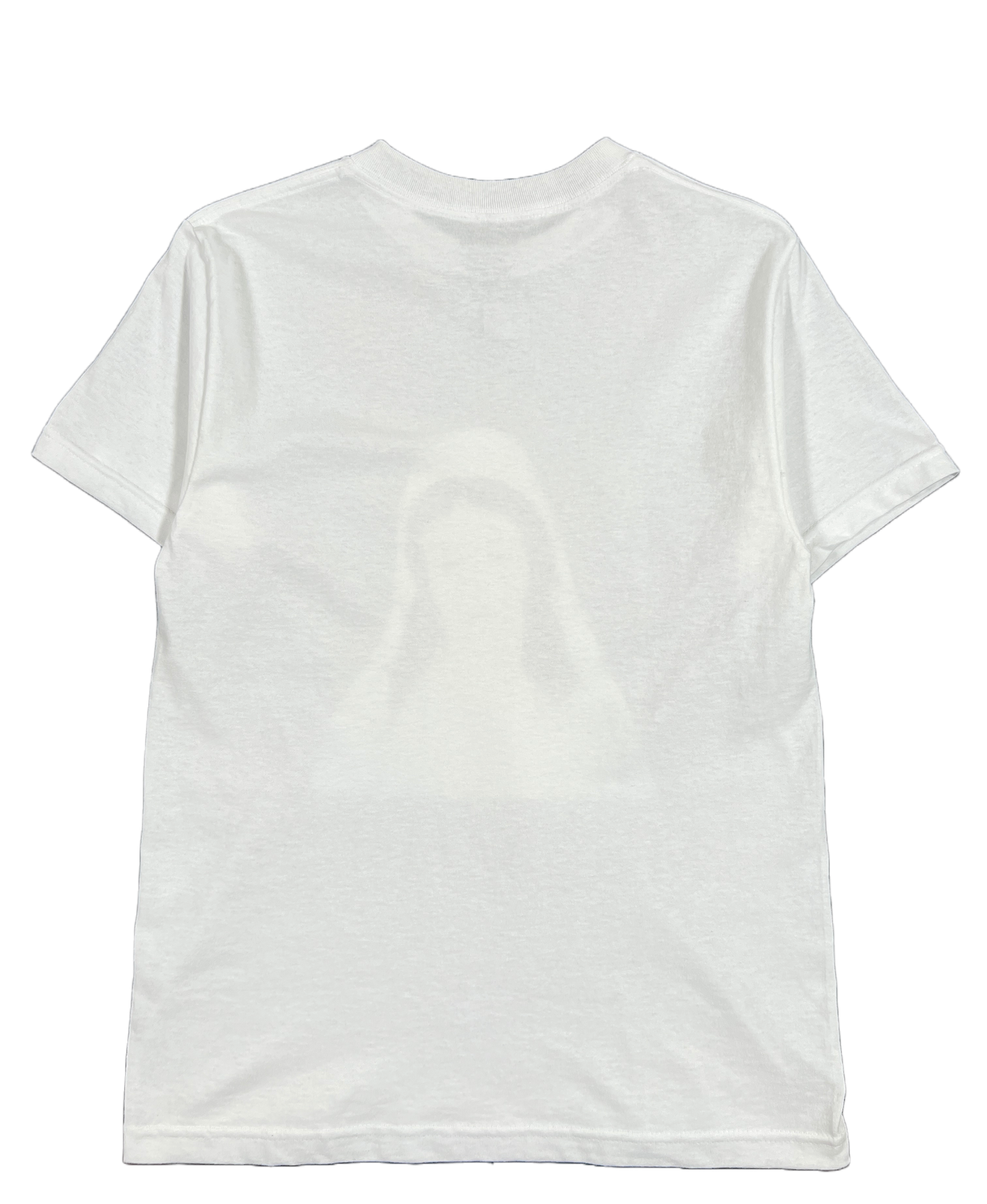 A white cotton PLEASURES MOTHER t-shirt with a graphic image of a woman.