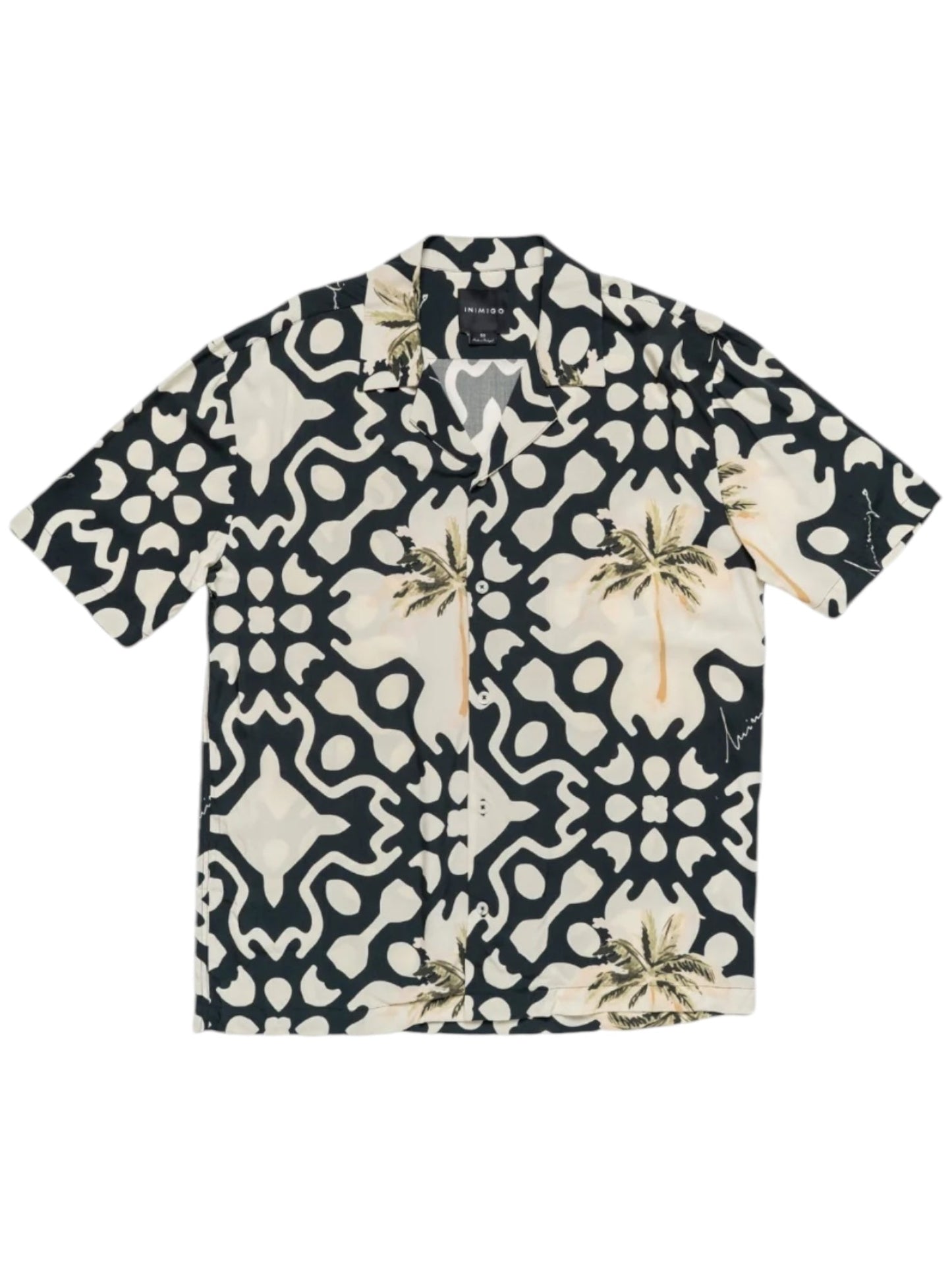 Introducing the Inimigo ISH3525 Palm Shirt Black from the INIMIGO collection: a short-sleeve masterpiece featuring an abstract black and beige palm tree pattern, exuding a tropical vibe that's perfect for your summer wardrobe.