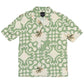 The INIMIGO Inimigo ISH3525 Palm Shirt in green is a short-sleeve button-up that showcases a bold white and beige abstract pattern with floral details, making it perfect for any summer outing.