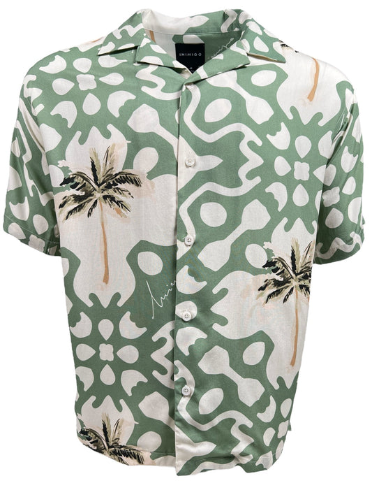 Green and white short-sleeve button-up INIMIGO ISH3525 PALM SHIRT GREEN with an abstract pattern and palm tree design by INIMIGO, perfect as a tropical print shirt for any occasion.