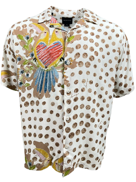 A short-sleeved, collared white shirt with brown polka dots and a vibrant multicolored abstract design, including heart birds and floral elements. This INIMIGO ISH3528 HEART BIRDS SHIRT RAW is perfect for making a bold statement.